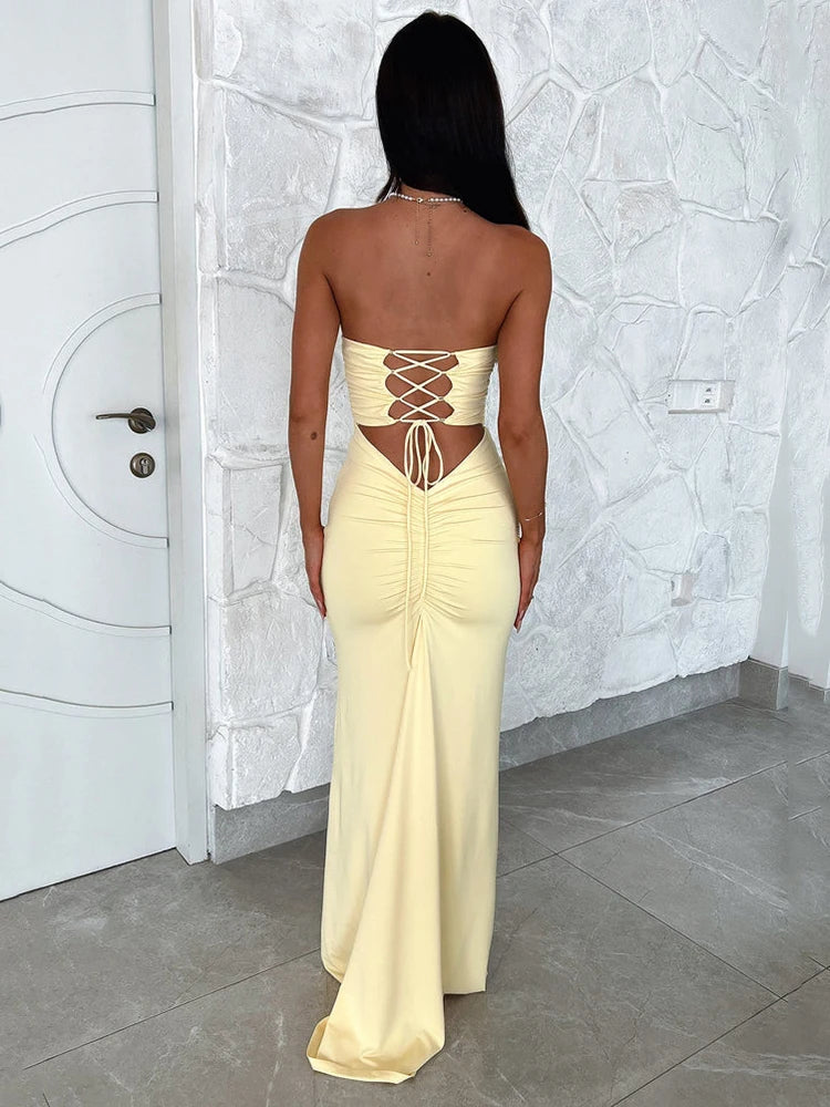 Strapless Backless Lace-up Maxi Dress