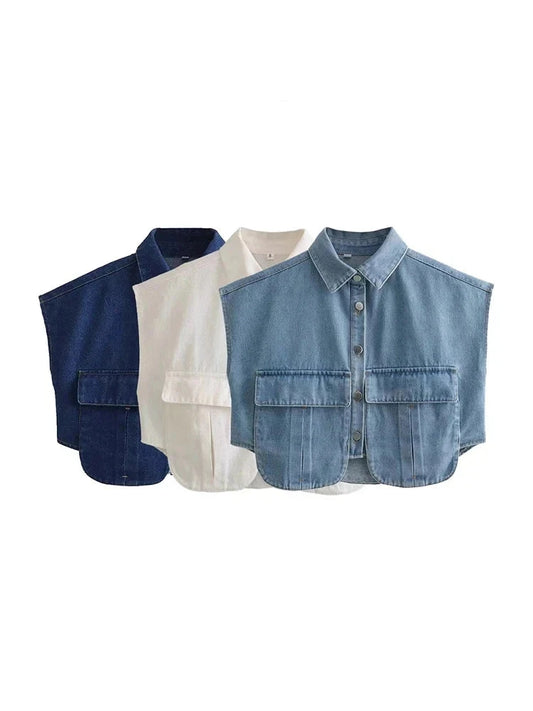 Cropped Denim Shirt with Pockets