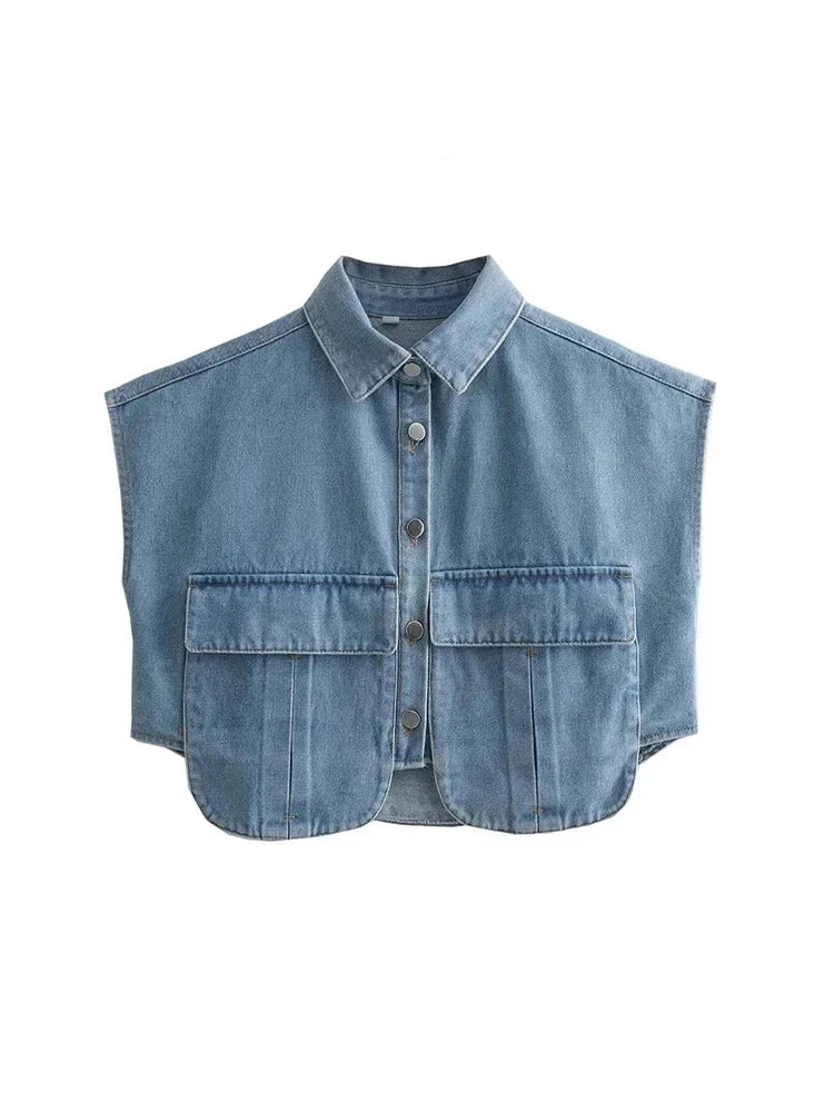 Cropped Denim Shirt with Pockets