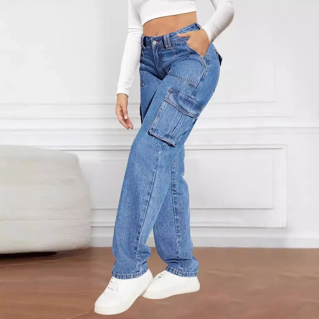 Cargo Jeans High Waist Loose Denim