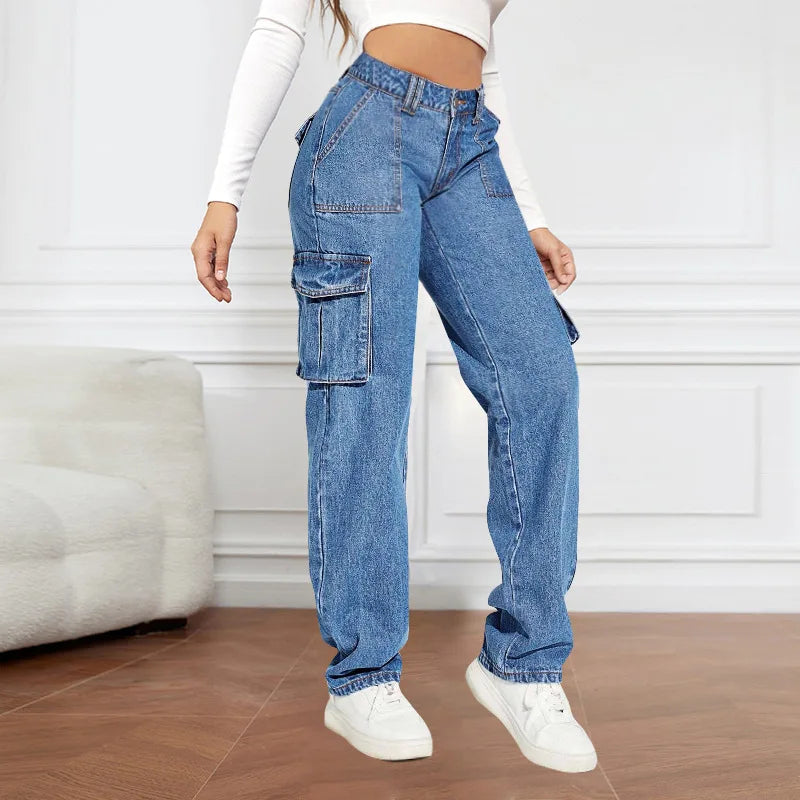 Cargo Jeans High Waist Loose Denim