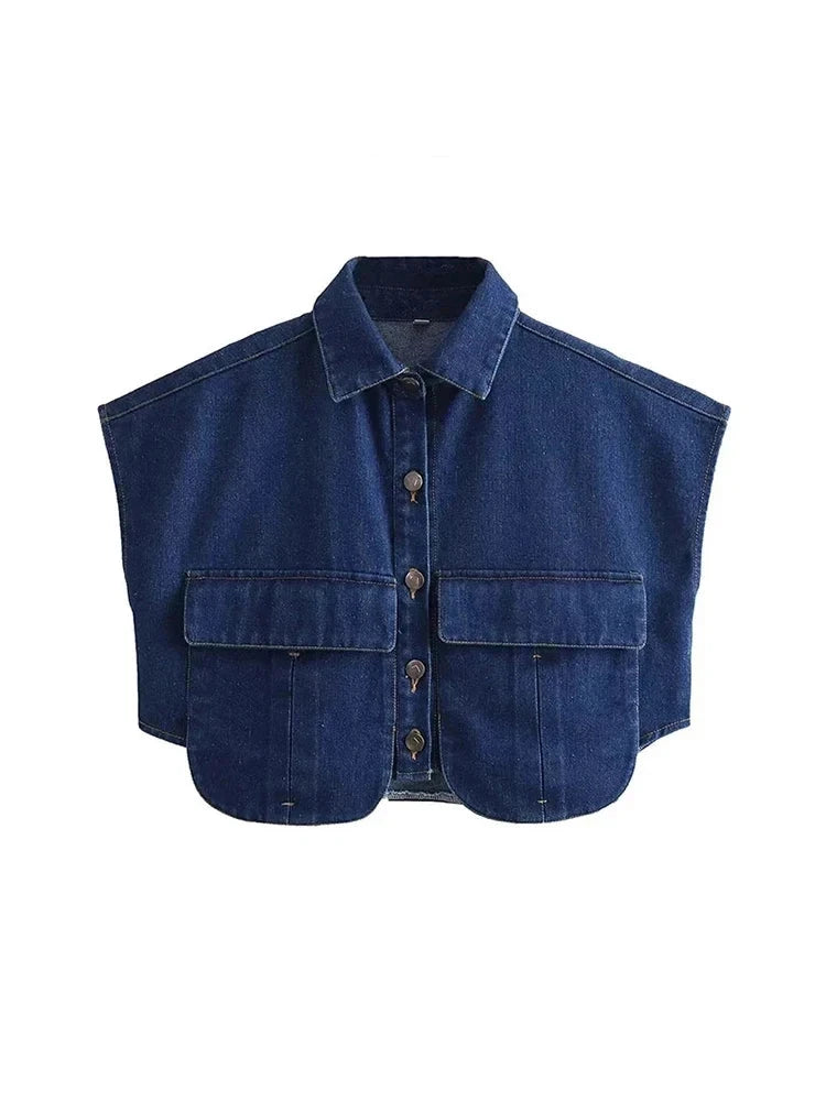 Cropped Denim Shirt with Pockets