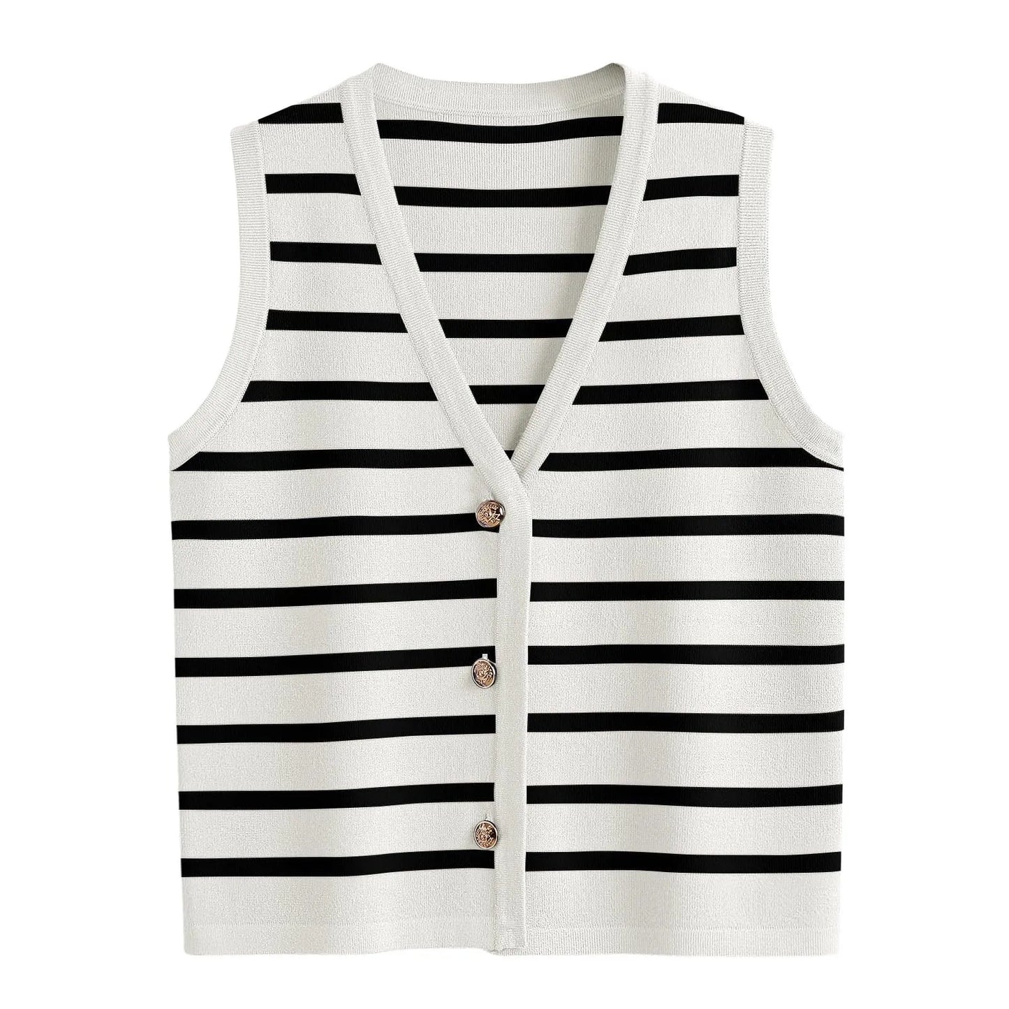 Striped Knit Sweater Vest Women's T Shirt Fashion V Neck Sleeveless Slim Fit Tank Top Female Chic Single Breasted Cardigan Tops